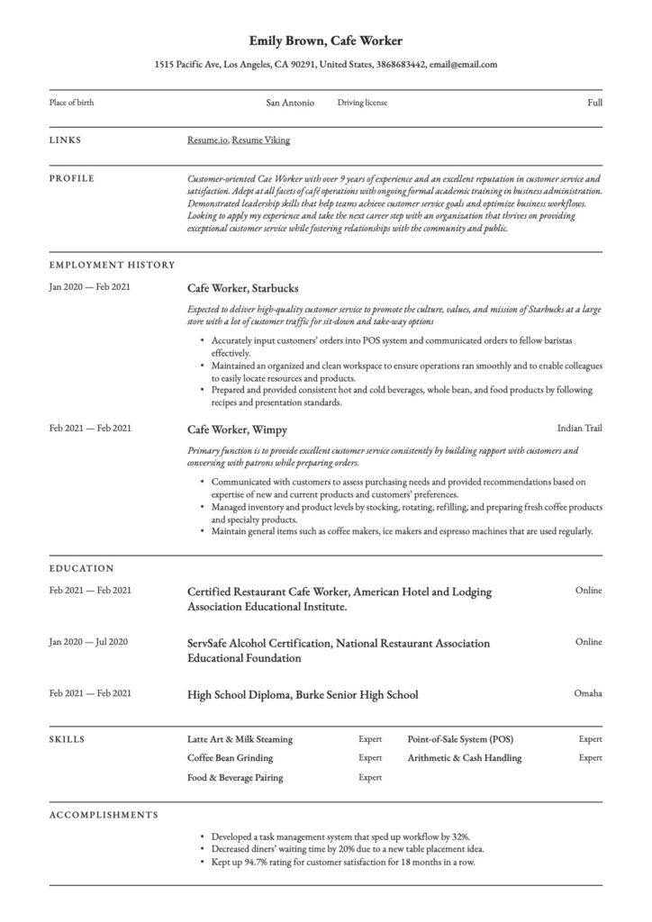 Cafe Worker Classic Resume