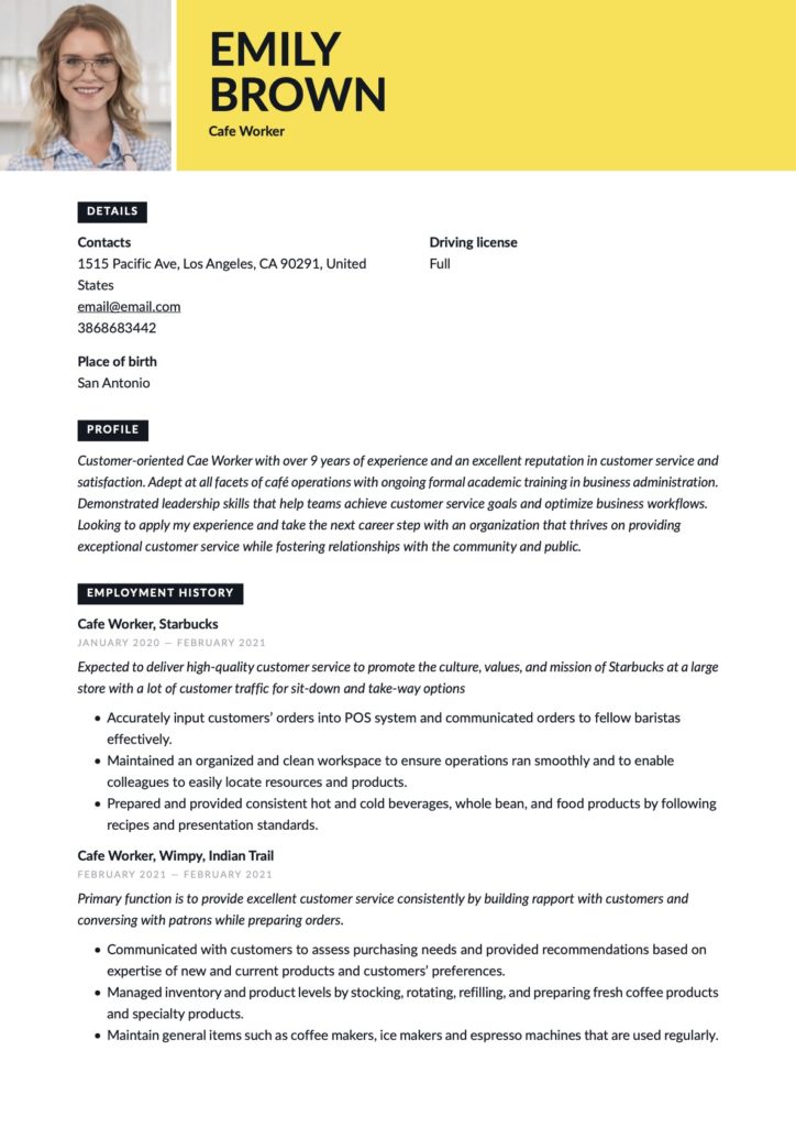 Cafe Worker Yellow Resume Example