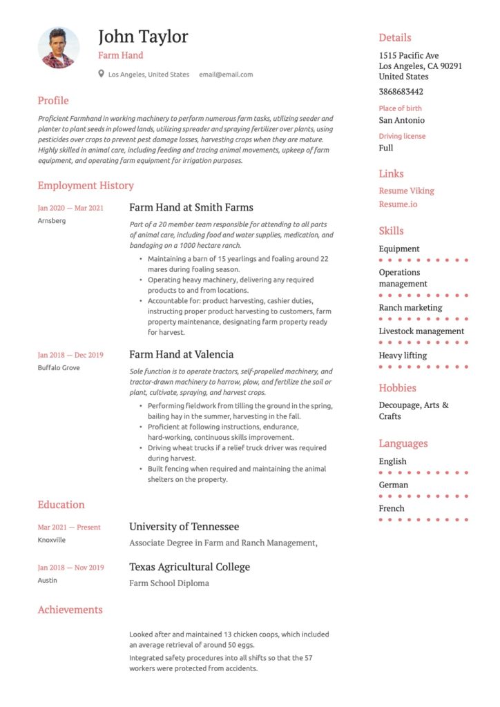 Example Farmhand Resume