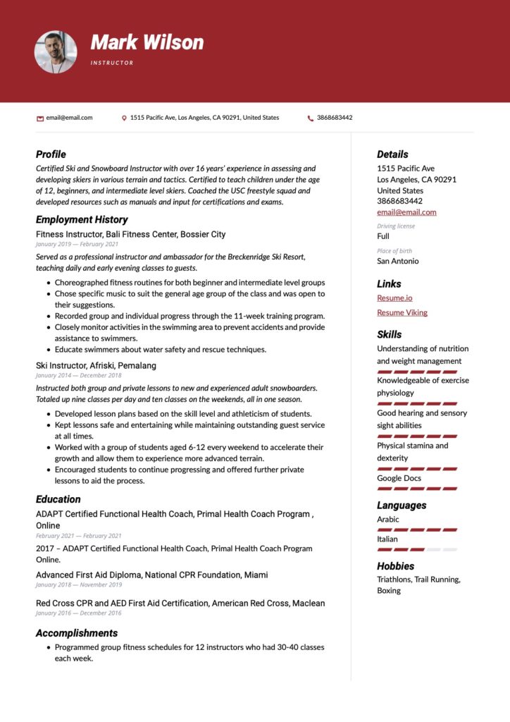 Instructor Red Resume Example