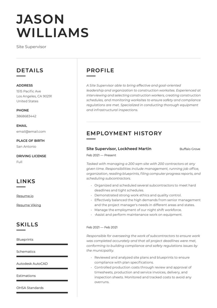 Site Supervisor Modern Resume