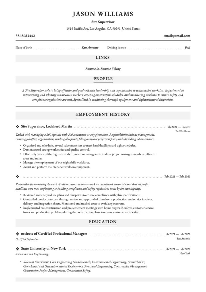 Site Supervisor Modern Resume