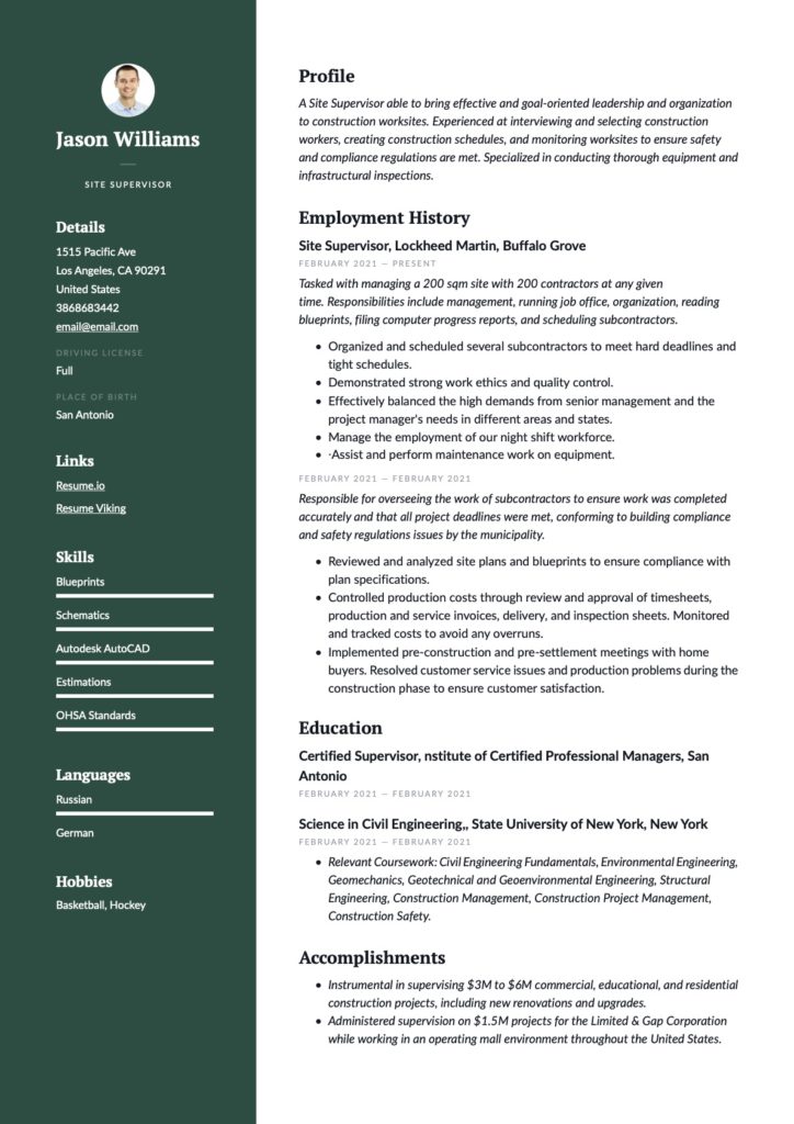 Green Resume Example Site Supervisor 