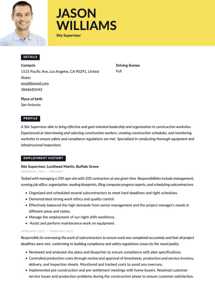 Site Supervisor Yellow Resume Example