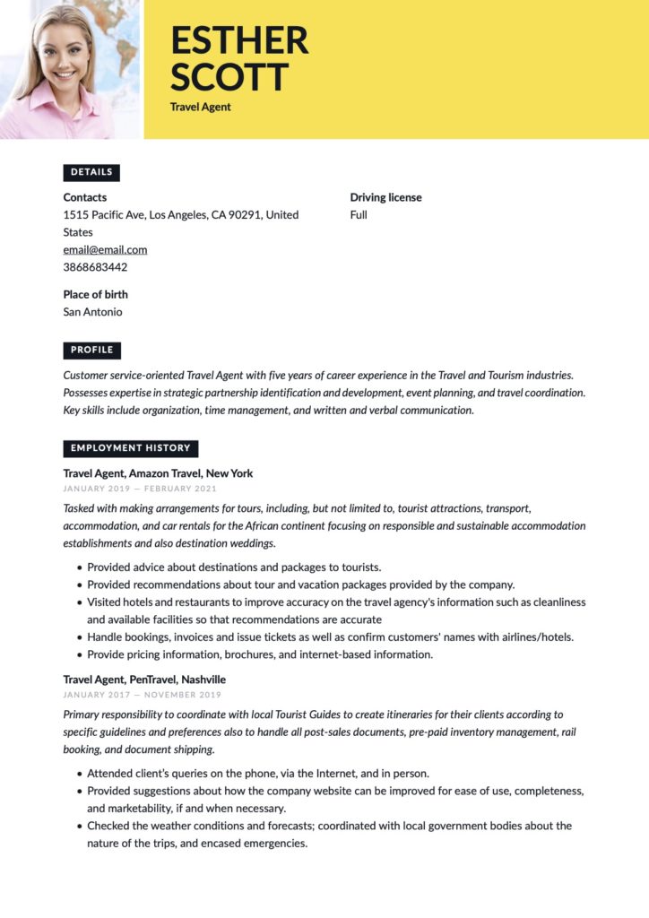 Travel Agent Yellow Resume Template