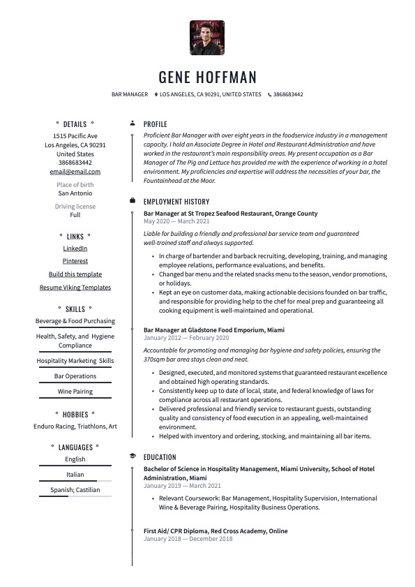 Professional Bar Manager Resume Example