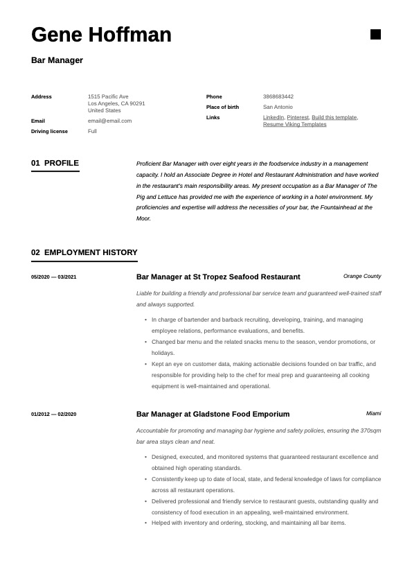 Simple Bar Manager Resume Template