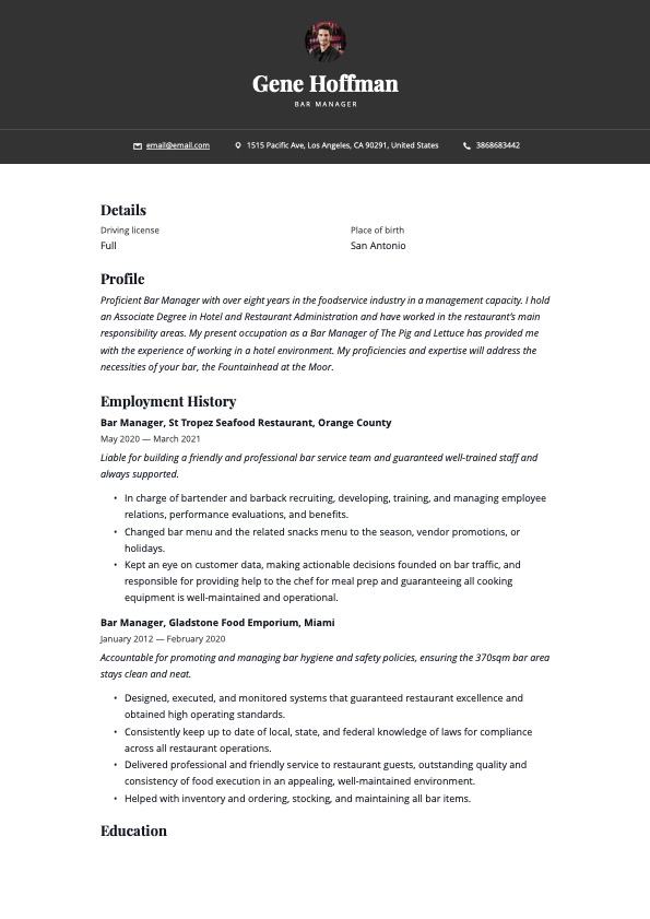 Simple Bar Manager Resume Example