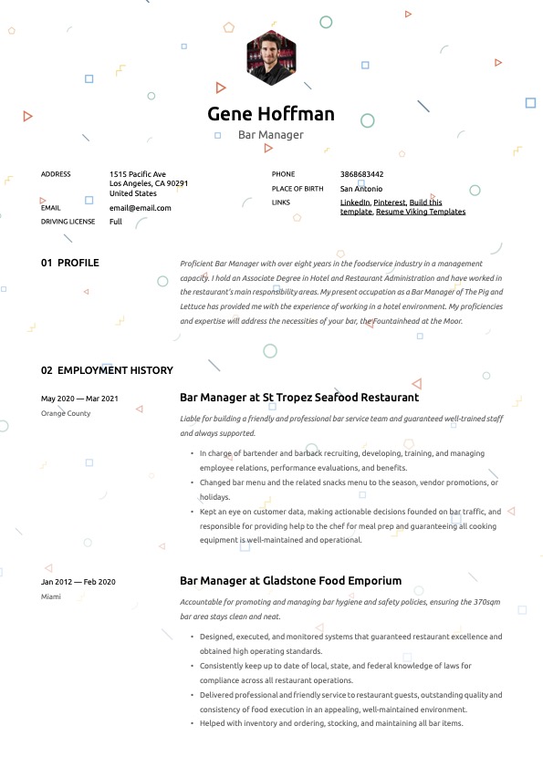 Creative Bar Manager Resume Template