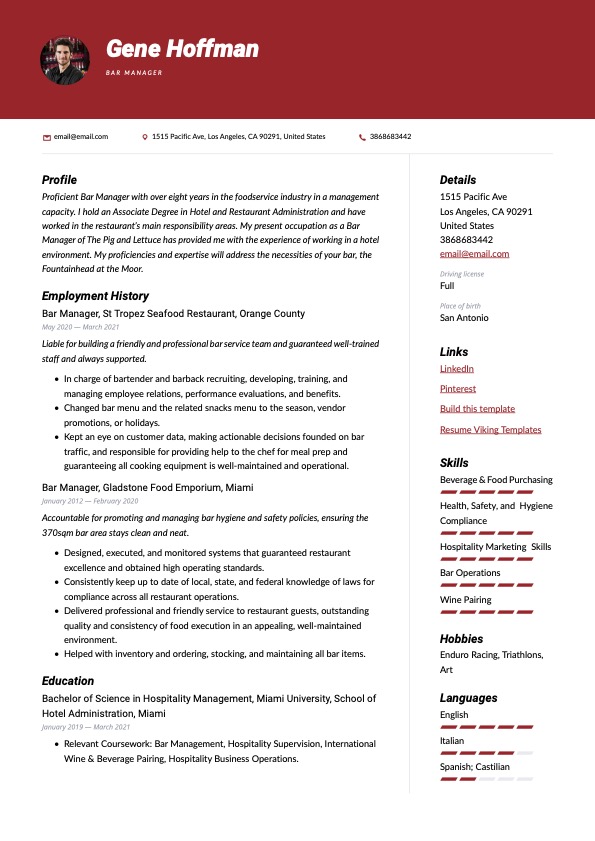 Modern Bar Manager Resume Red Example