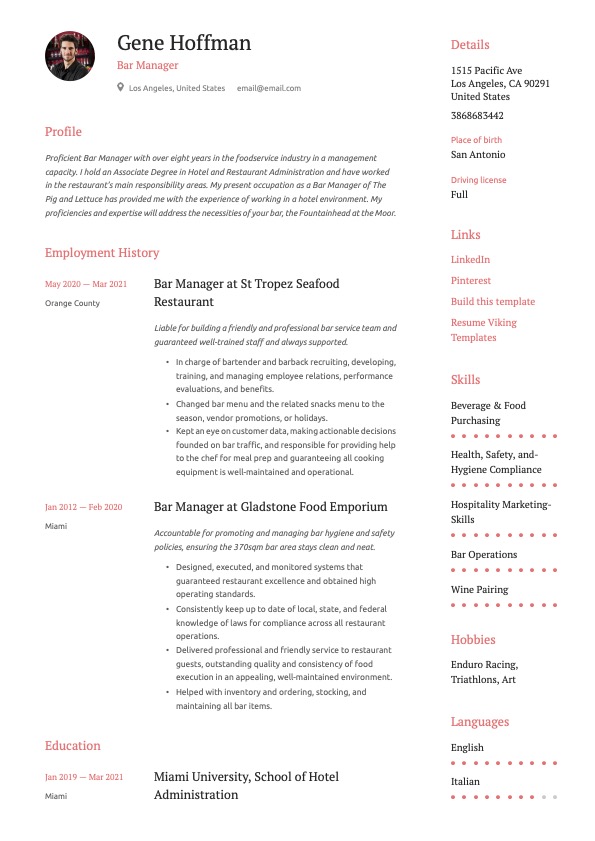 Simple Bar Manager Resume Example