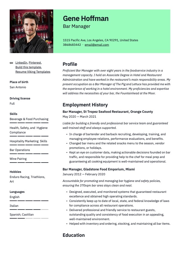 Professional Bar Manager Resume Green Template