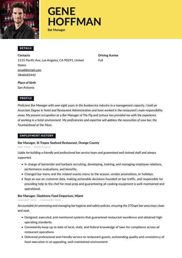 Creative Bar Manager Resume Yellow Template