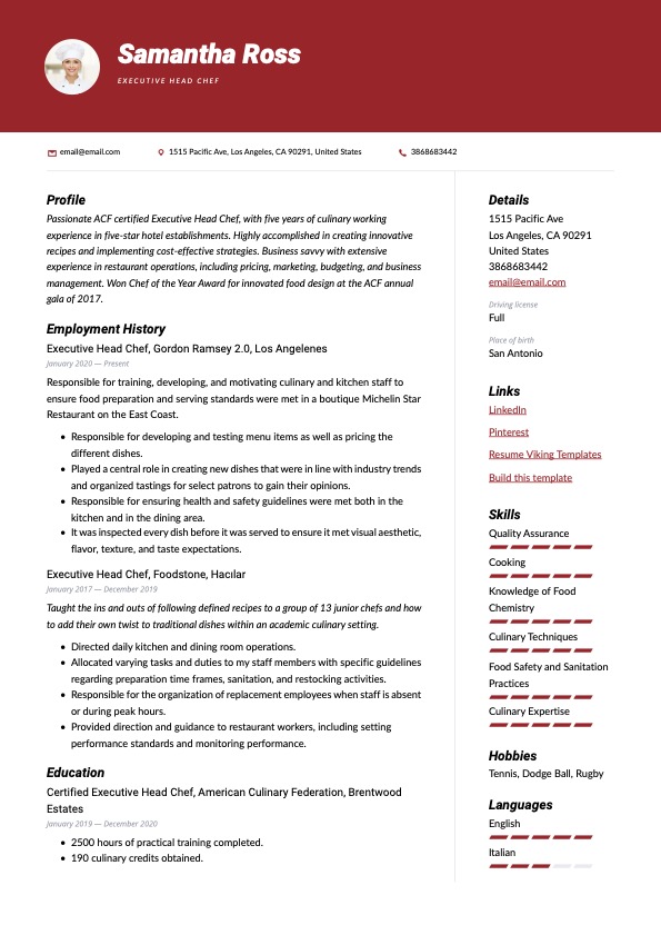 Modern Executive Head Chef Resume Red Example