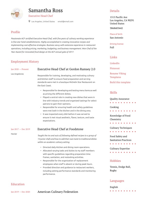 Simple Executive Head Chef Resume Example