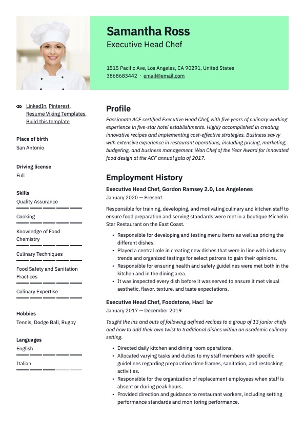 Professional Executive Head Chef Resume Green Template