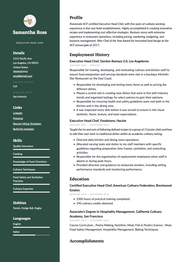 Professional Executive Head Chef Resume Green Example
