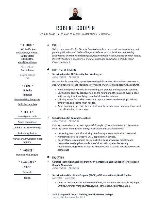 Professional Security Guard Resume Example
