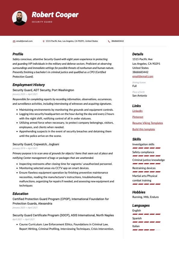 Modern Security Guard Resume Red Example