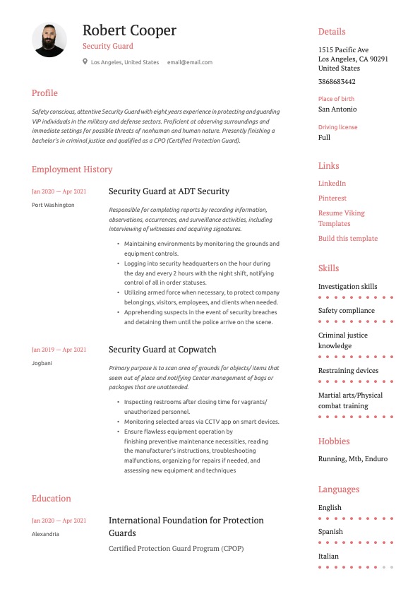 Simple Security Guard Resume Example
