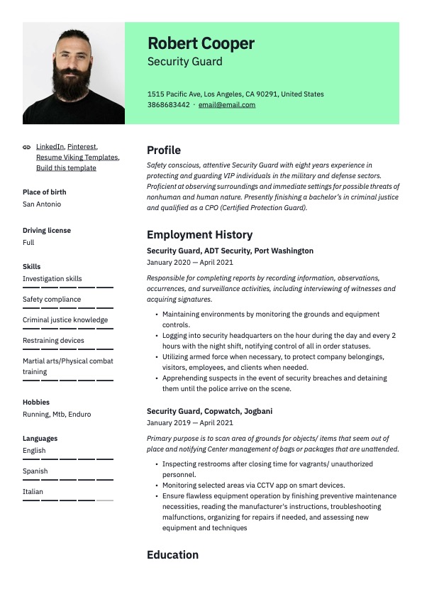 Professional Security Guard Resume Green Template