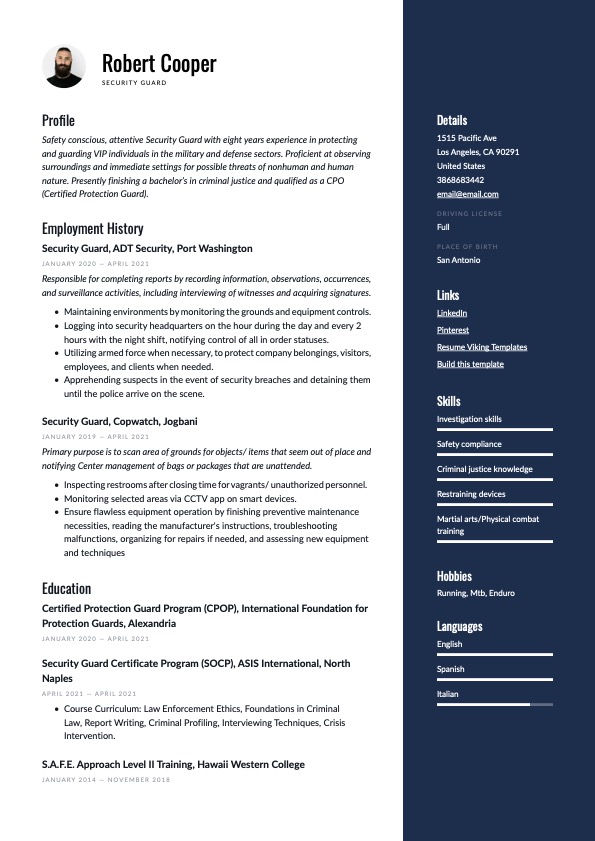 Modern Security Guard Resume blue Example