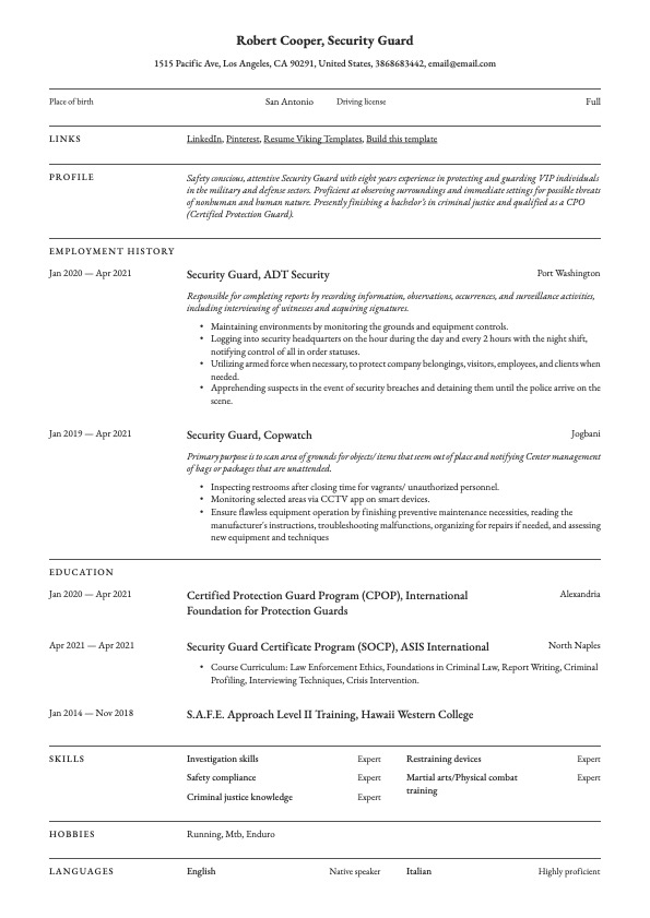 Professional Security Guard Resume Template