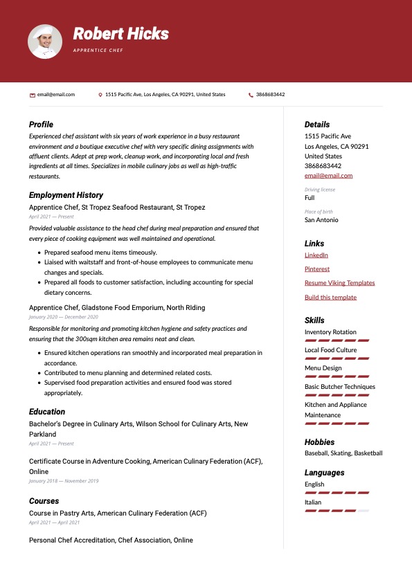 Modern Apprentice Chef Resume Red Example