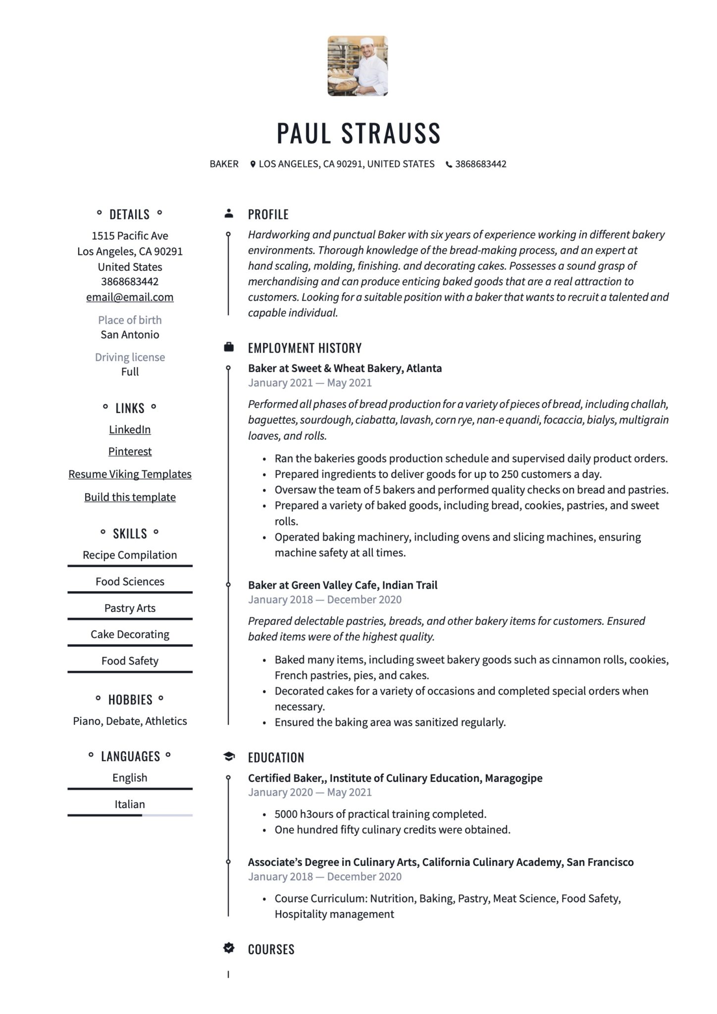 Professional Baker Resume Example