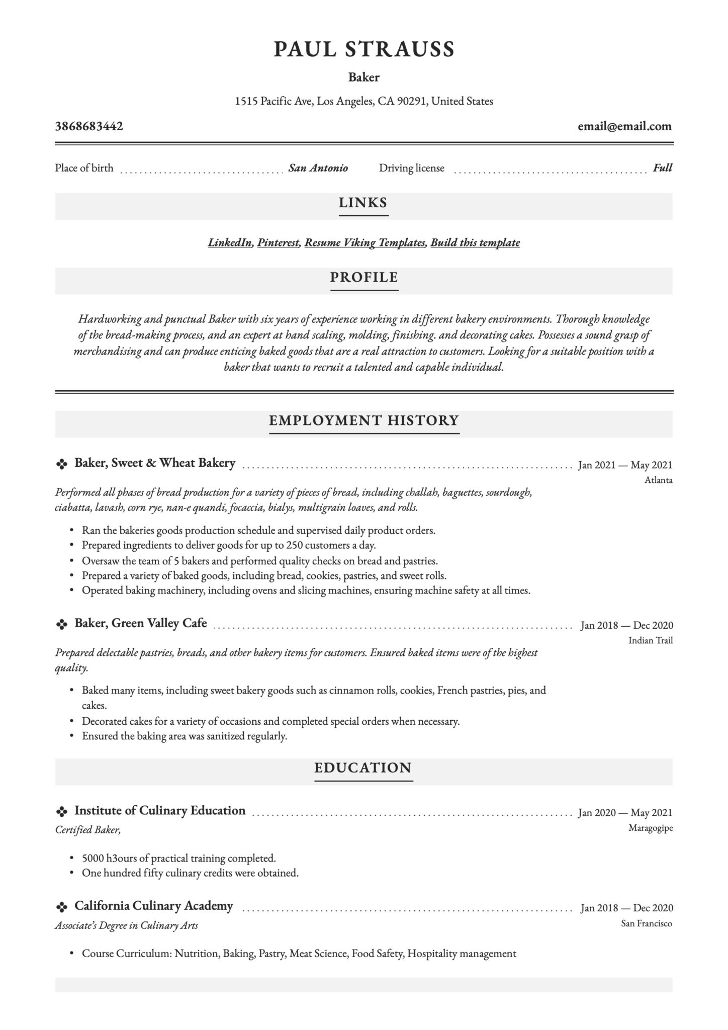 Professional Baker Resume Example