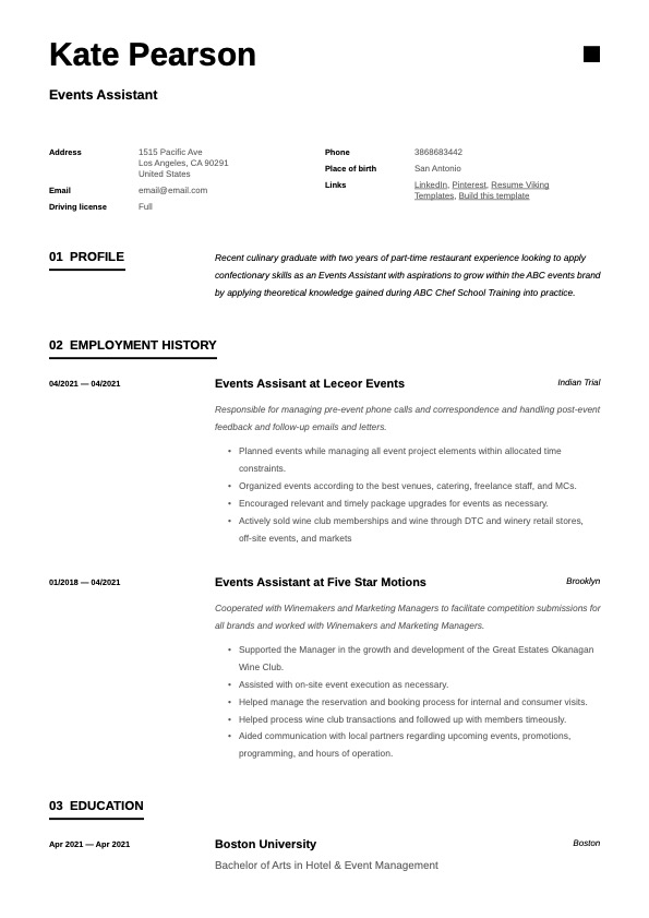 Simple Events Assistant Resume Template