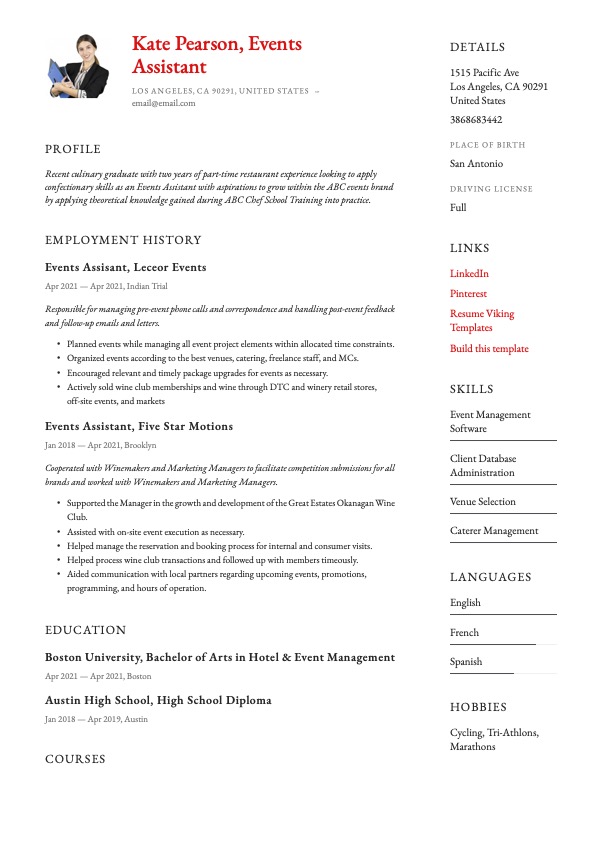 Simple Events Assistant Resume Template