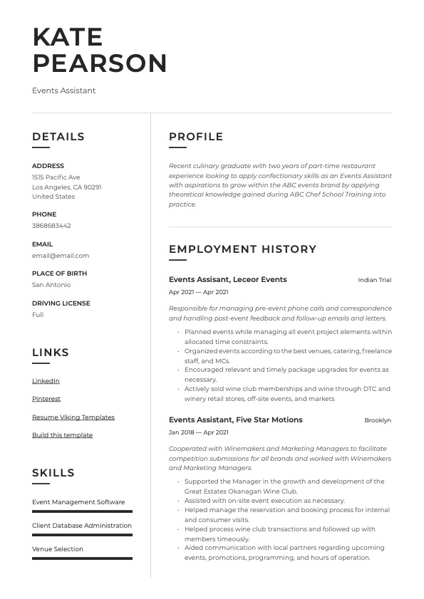 Modern Events Assistant Resume Example