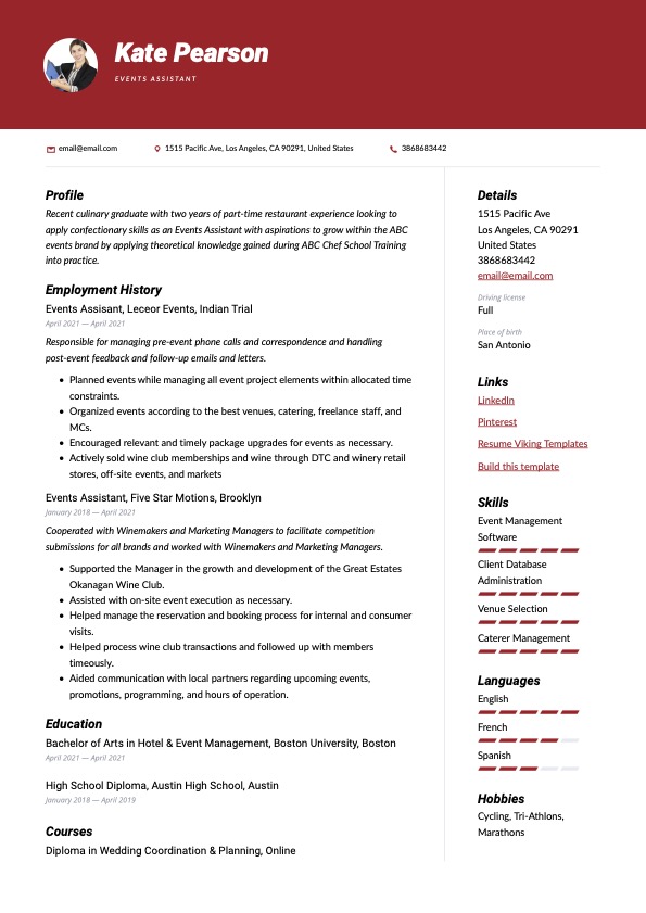 Modern Events Assistant Resume Red Example