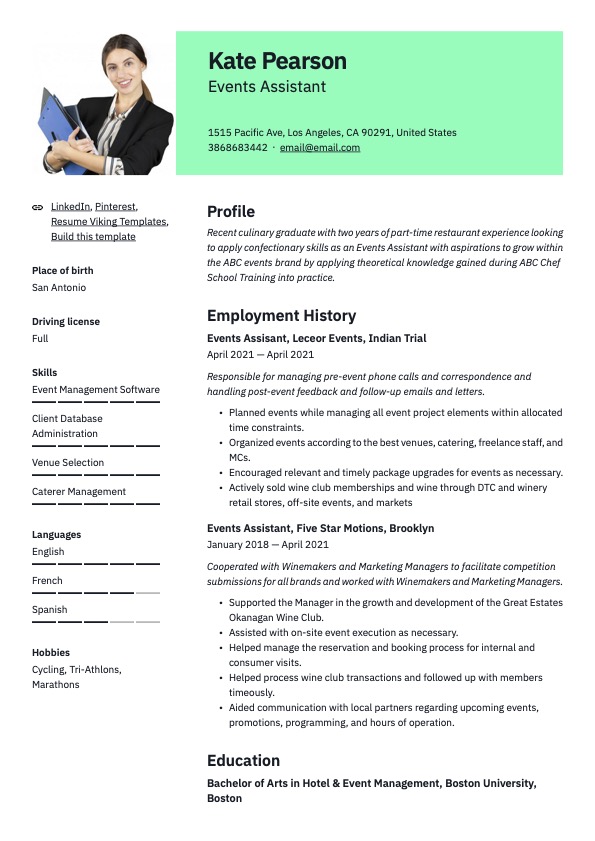 Professional Events Assistant Resume Green Template