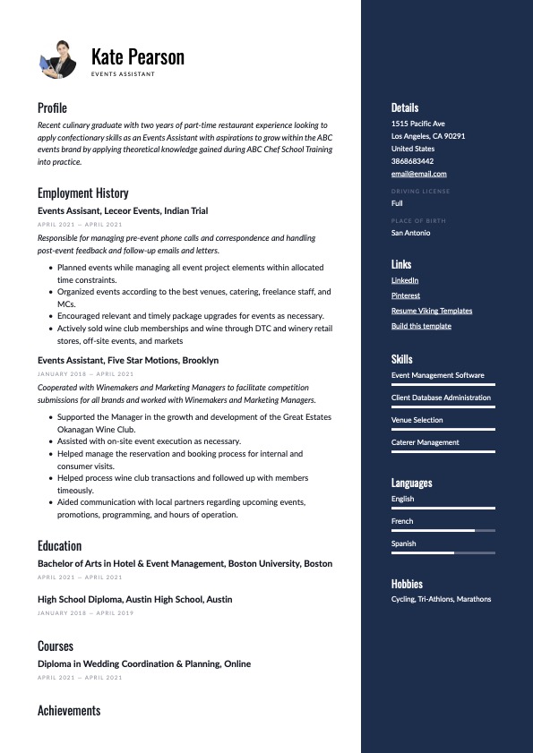 Modern Events Assistant Resume blue Example