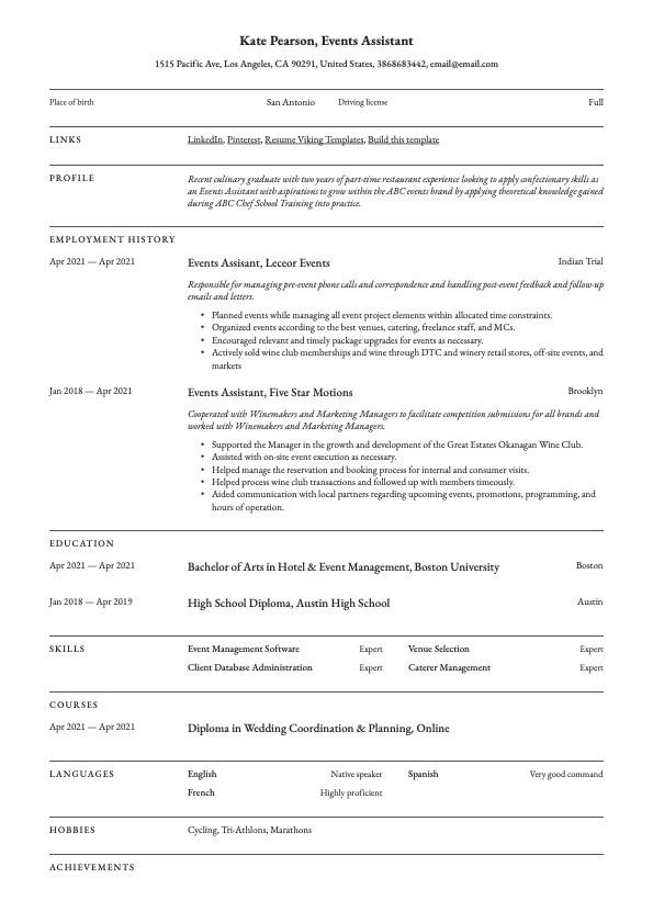 Events Assistant Resume