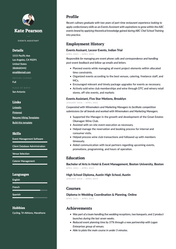 Professional Events Assistant Resume Green Example