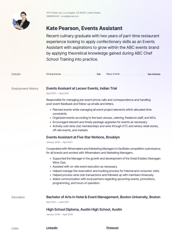 Creative Events Assistant Resume Template