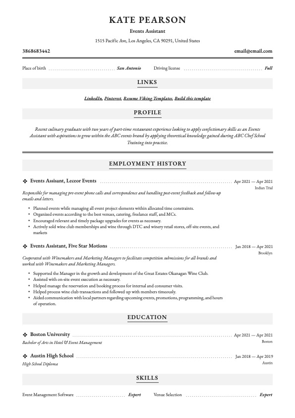 Professional Events Assistant Resume Example