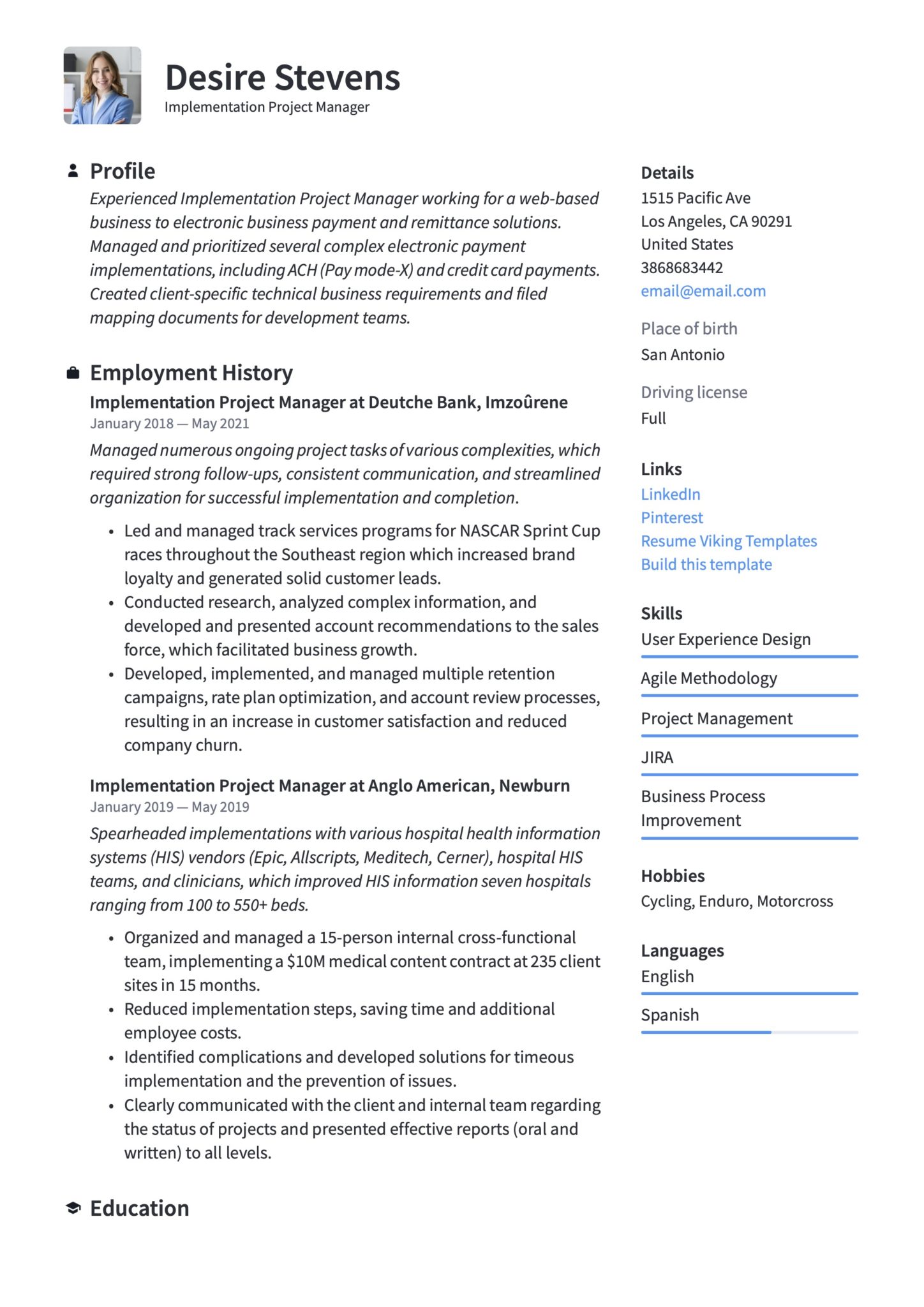 Professional Implementation Project Manager Resume Template