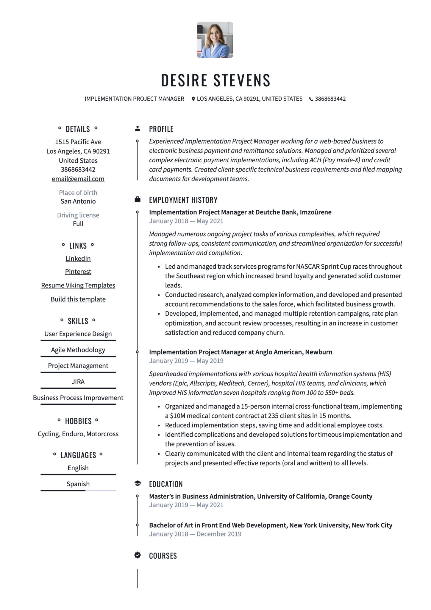 Professional Implementation Project Manager Resume Example
