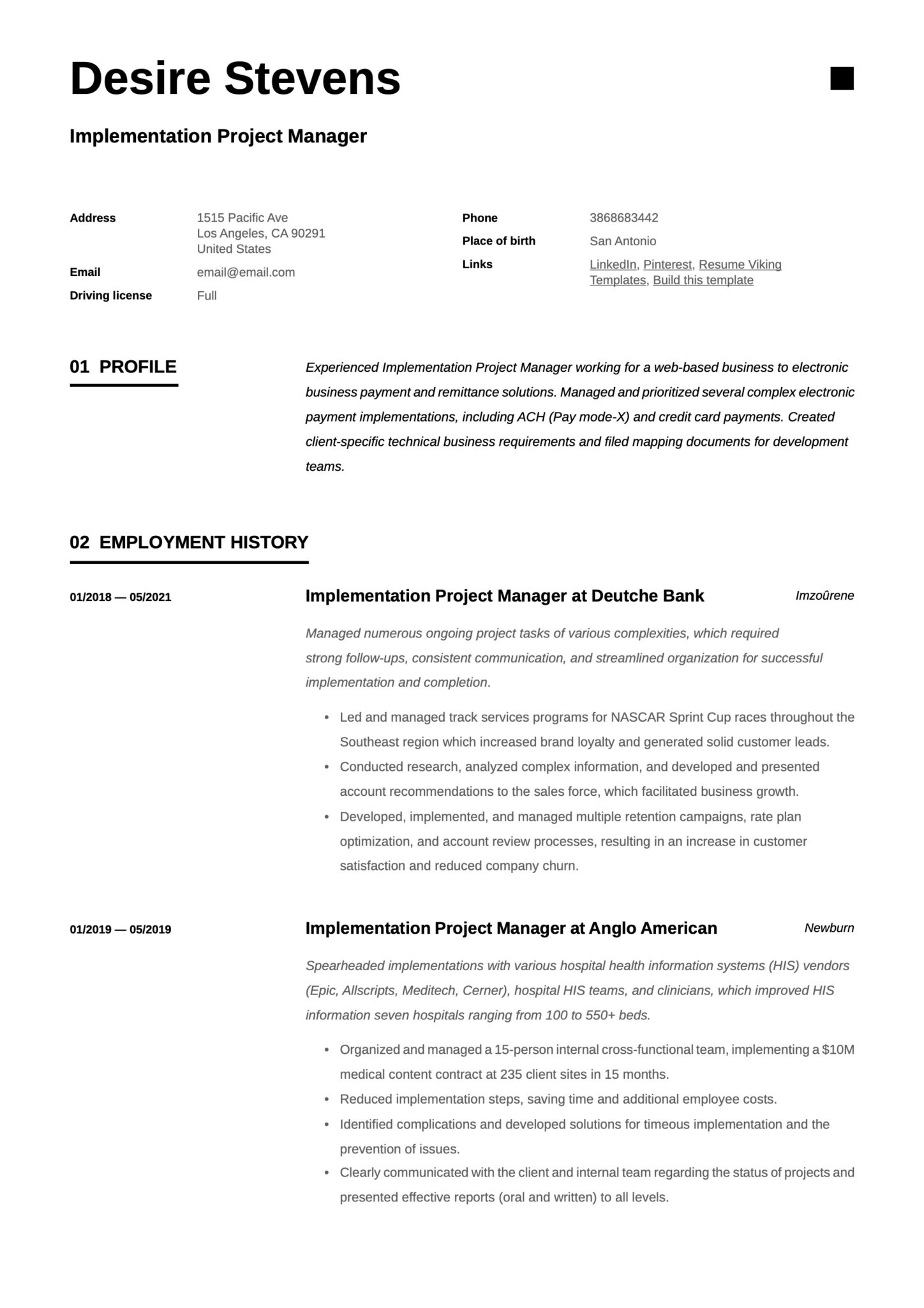 Simple Implementation Project Manager Resume Template