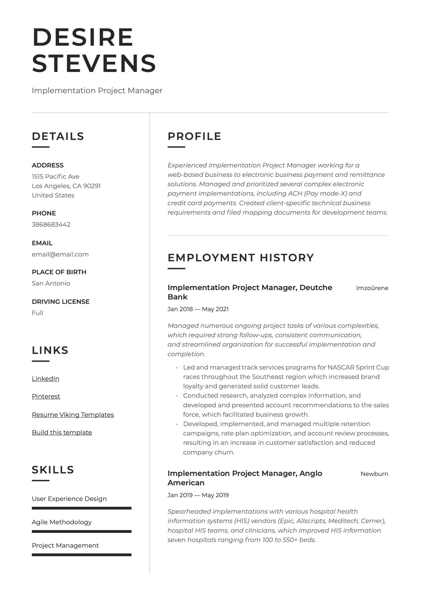 Modern Implementation Project Manager Resume Example