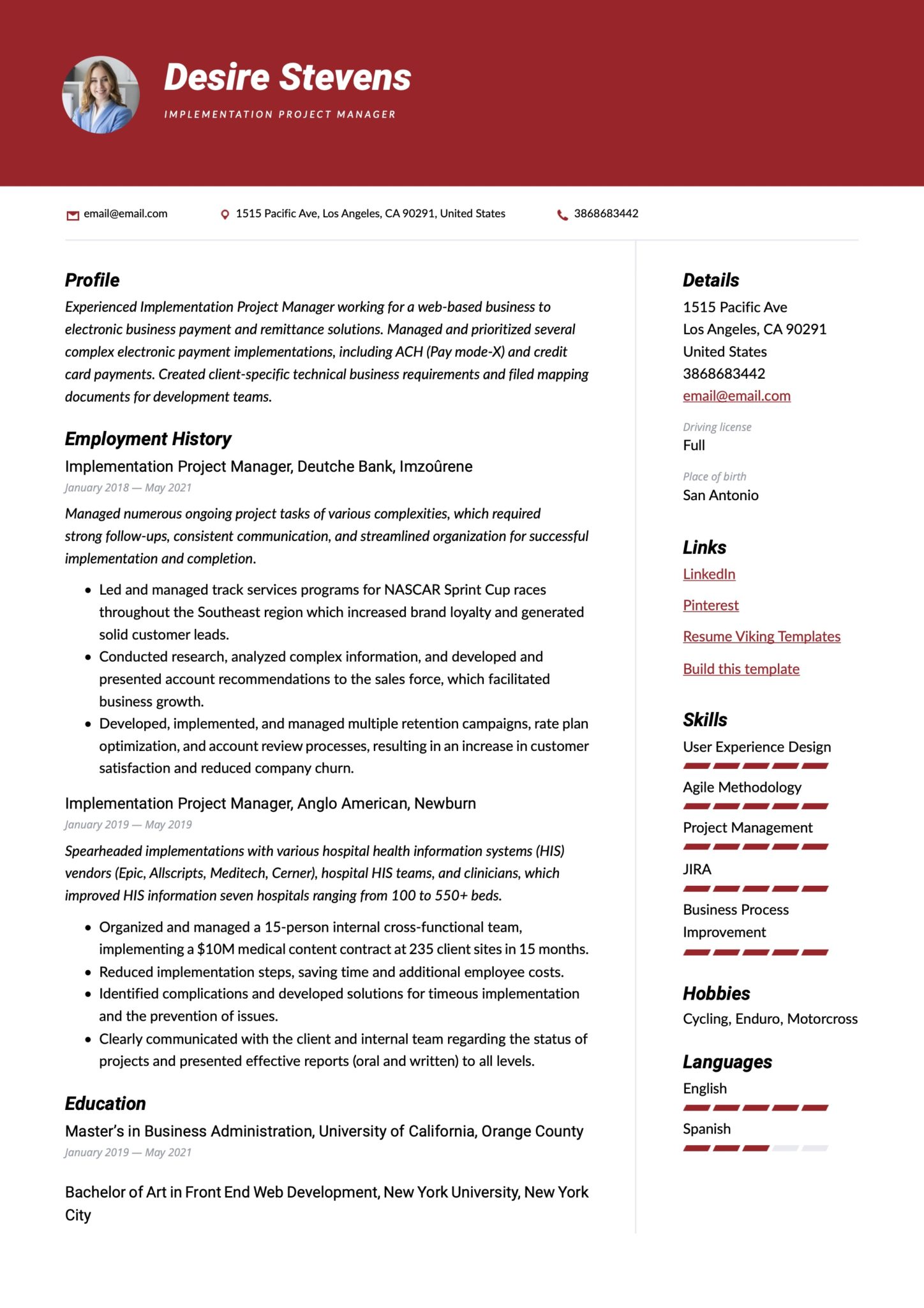 Modern Implementation Project Manager Resume Red Example