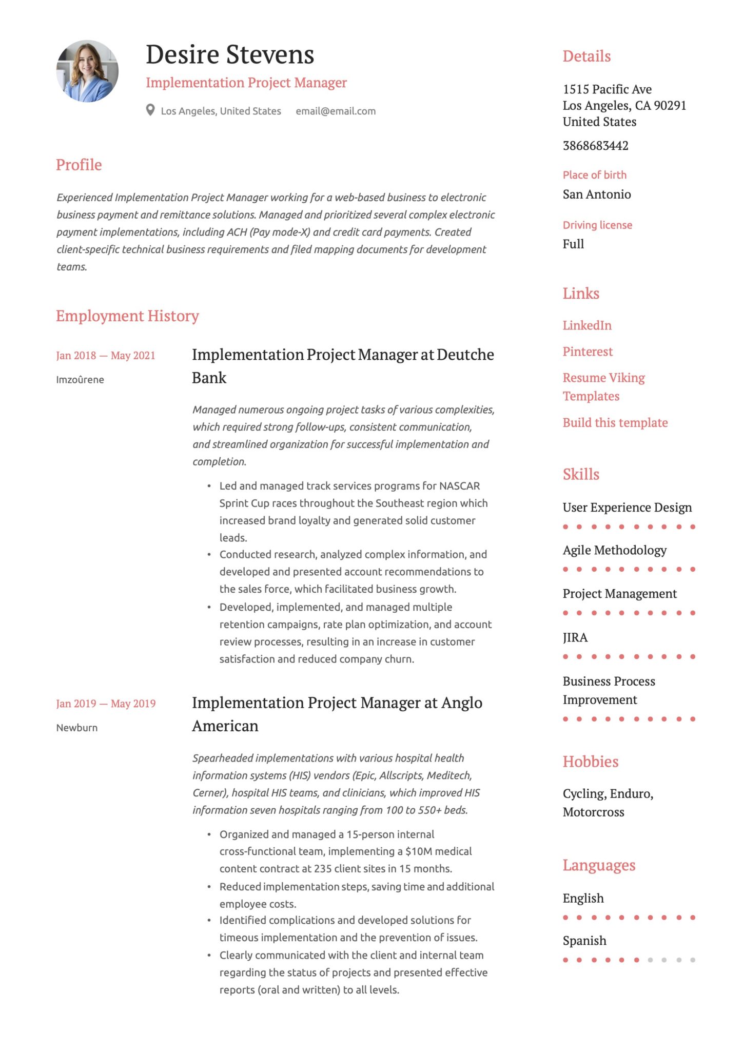 Simple Implementation Project Manager Resume Example