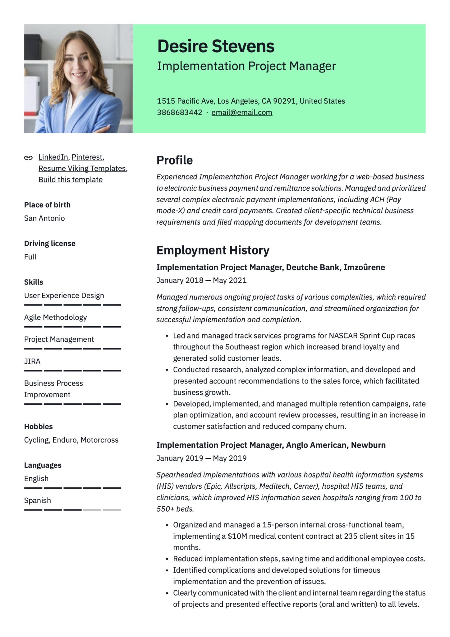Professional Implementation Project Manager Resume Green Template
