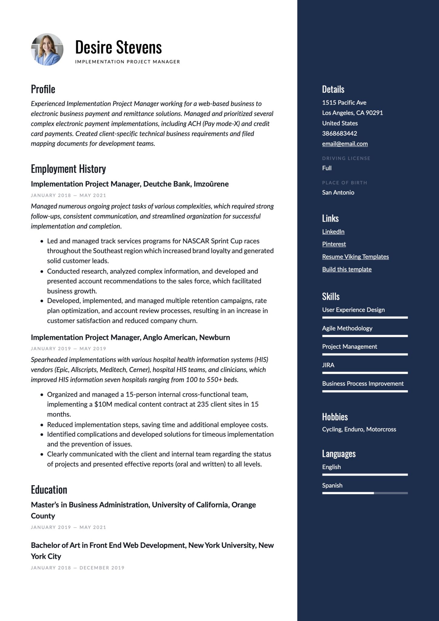 Modern Implementation Project Manager Resume blue Example