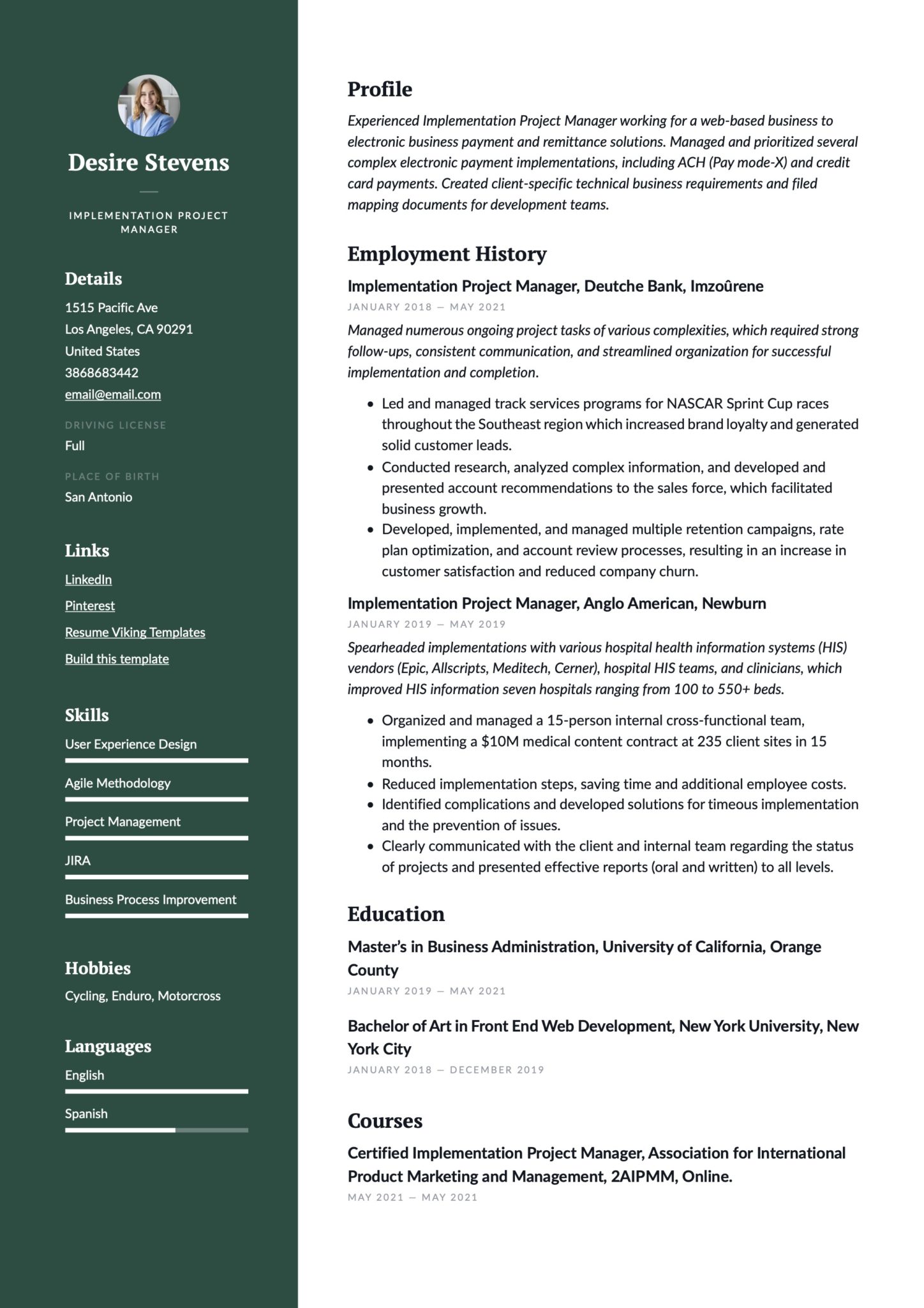 Professional Implementation Project Manager Resume Green Example