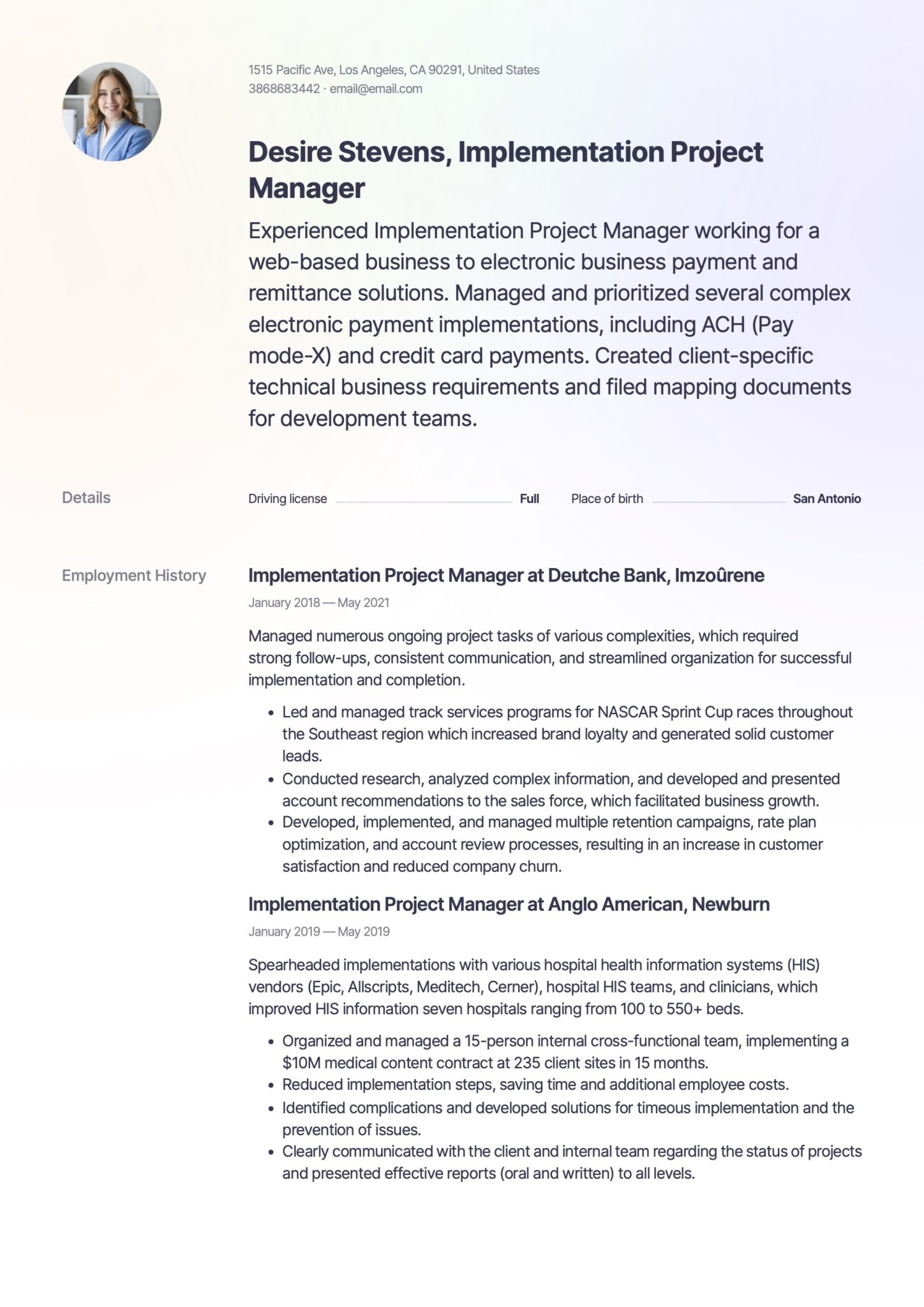 Creative Implementation Project Manager Resume Template